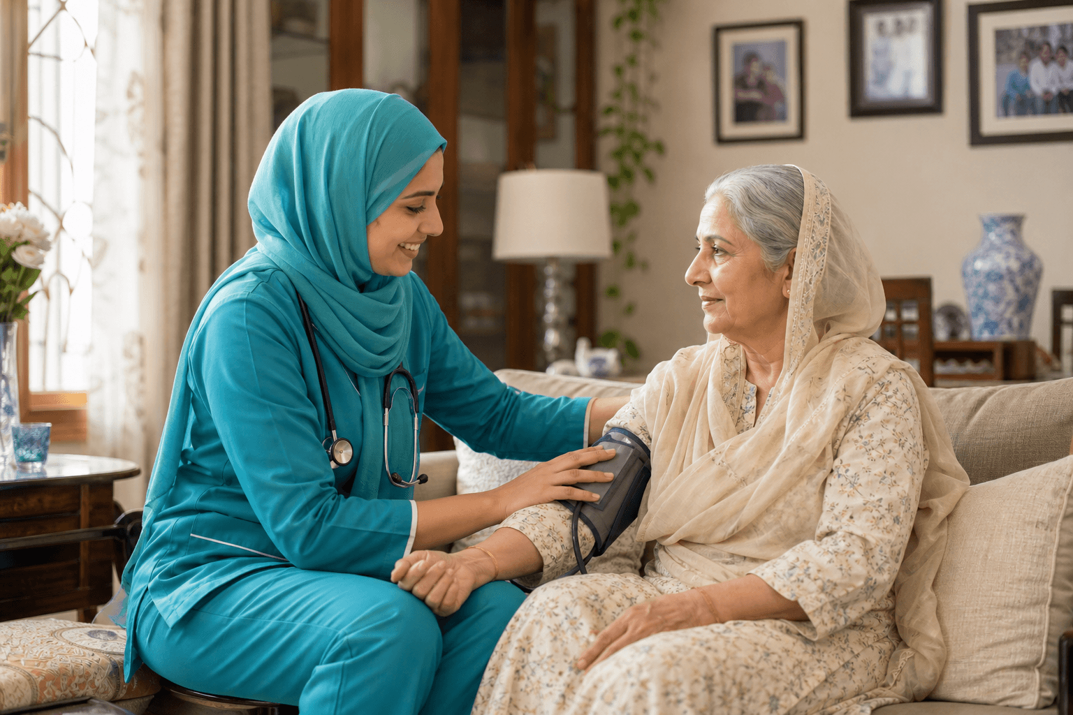 Pakistani doctor and nurse providing in-house patient care at home