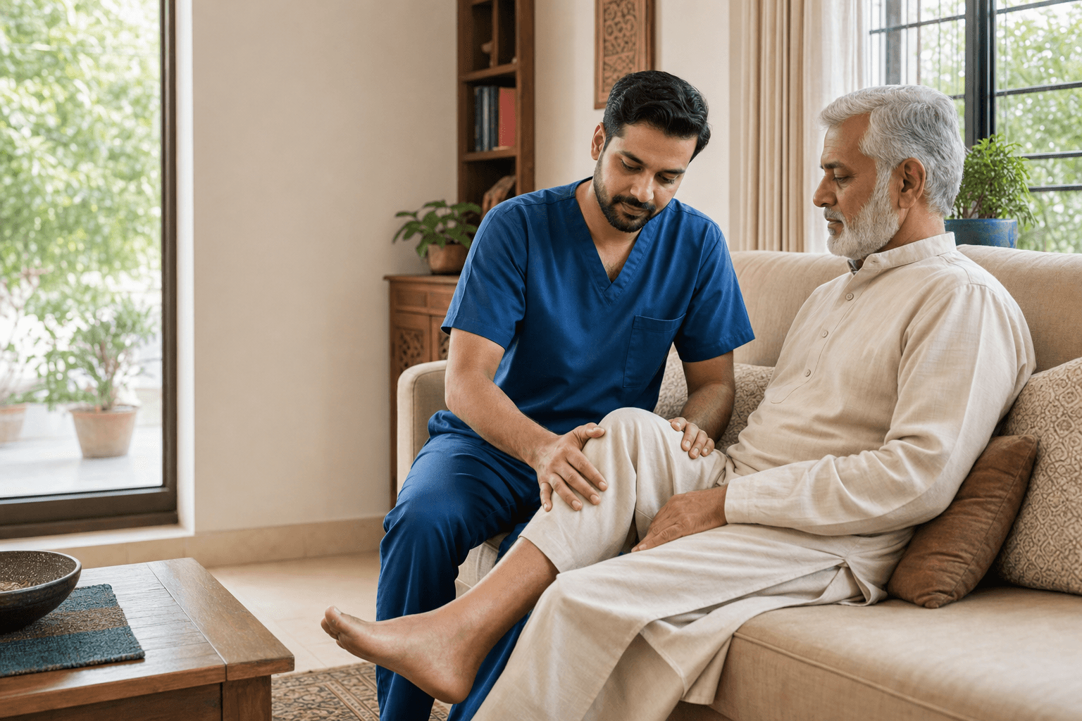 Male Pakistani physiotherapist providing professional home rehabilitation care