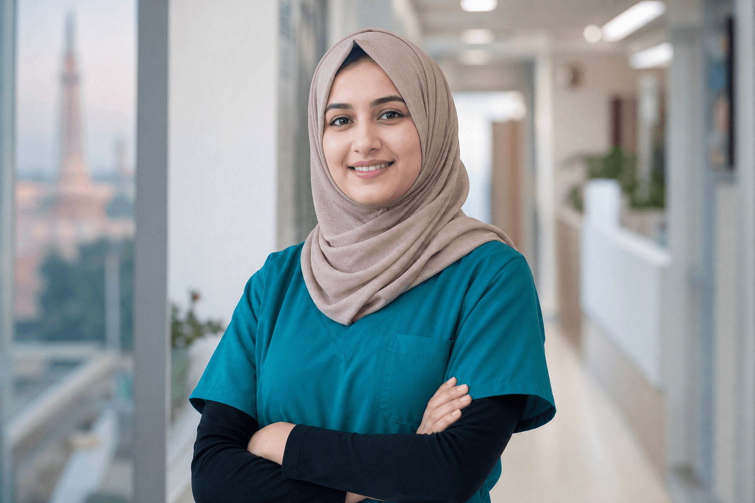 Pakistani nurse in hijab and medical scrubs in a hospital corridor