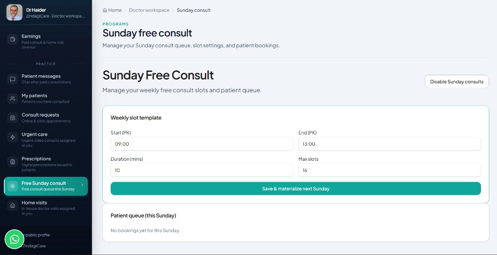 Sunday free consult — set volunteer slots or disable participation